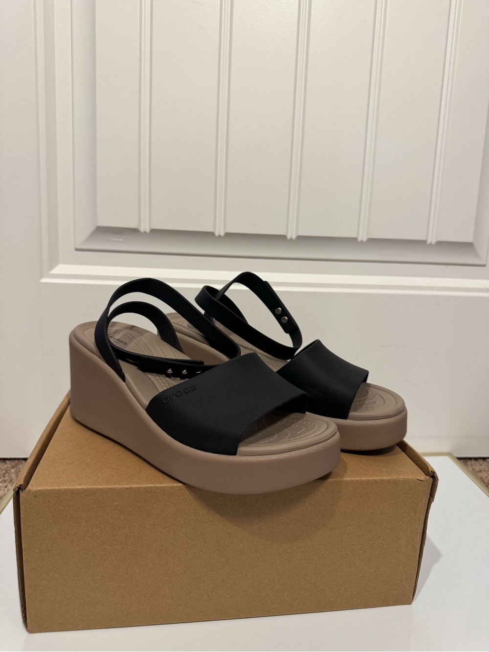 CROCS Women's Black and Taupe Wedge Sandals with Ankle Strap